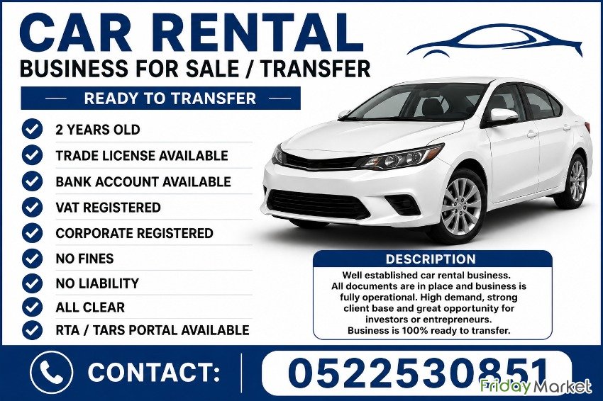 2 YEARS OLD CAR RENTAL TRADE LICENSE AVAILABLE FOR SALE دبي الإمارات