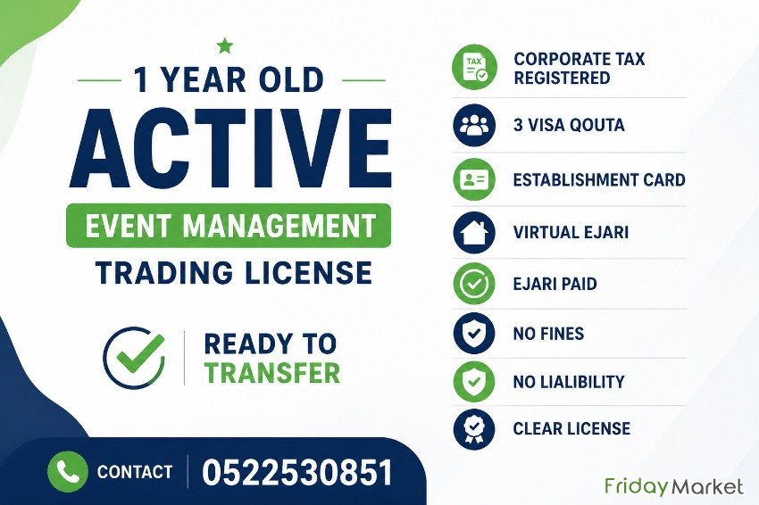1 YEARS OLD ACTIVE EVENT MANAGEMENT TRADE LICENSE AVAILABLE FOR SALE دبي الإمارات