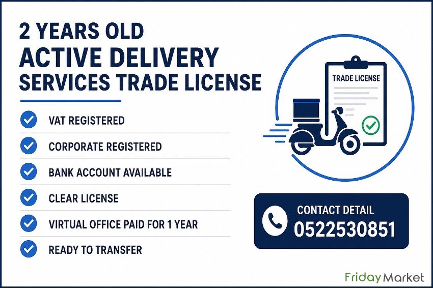 2 YEARS OLD ACTIVE DELIVERY SERVICES TRADE LICENSE AVAILABLE FOR SALE دبي الإمارات